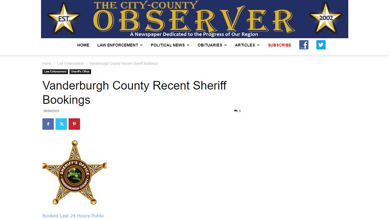 Vanderburgh County Recent Sheriff Bookings | City-County Observer